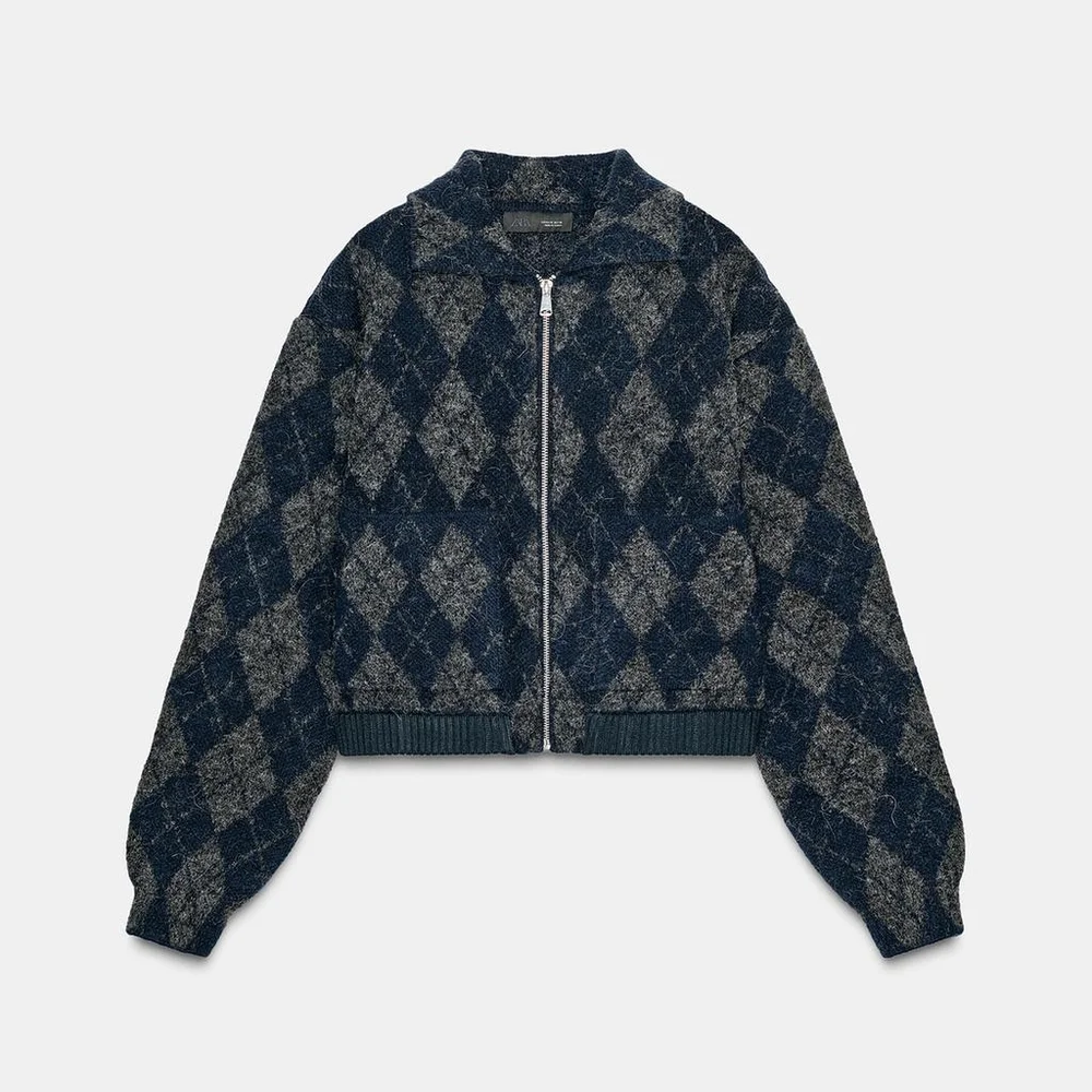 ZARA ARGYLE KNIT BOMBER JACKET - Picture 5 of 13